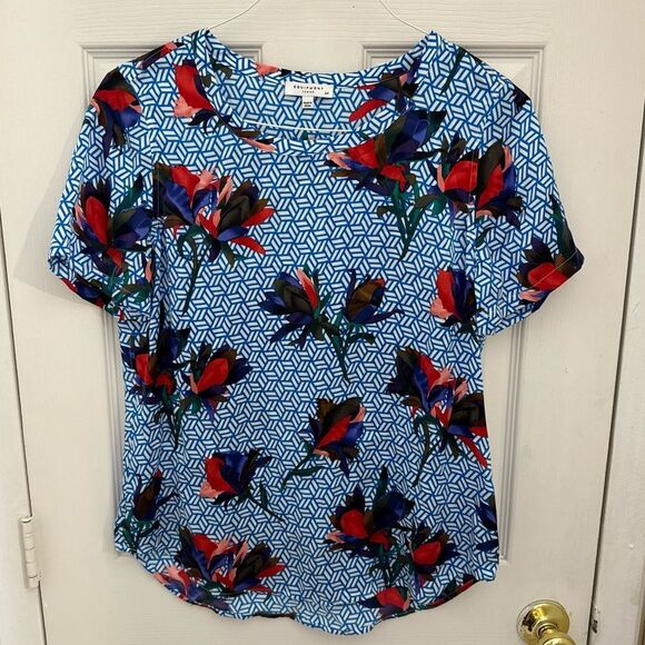 Equipment Femme 100% Silk Floral Blouse Size Small Blue Geometric Artsy - Picture 1 of 5